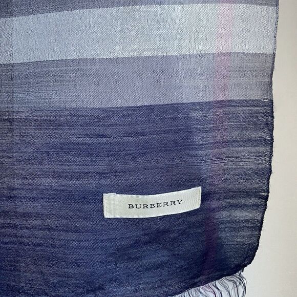 Burberry Scarf Rectangular 27x104” Blue Plaid Wool Silk Lightweight Designer - Picture 4 of 7